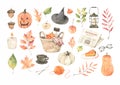 Watercolor Autumn illustrations. Halloween. Fall leaves, acorns, basket with pumpkins, pie, magazine. Forest design elements. Royalty Free Stock Photo