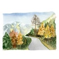 Watercolor autumn landscape, fall trees, snow mountain illustration, travel illustration. Forest