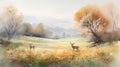 Watercolor autumn landscape with forest and wild deer. Digital painting.