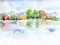 Watercolor Autumn landscape with a lake and reflection in the water of trees and mountains. panorama. Royalty Free Stock Photo