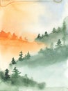 Watercolor autumn landscape with mountains, fir forests in fog, haze