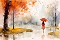 Watercolor autumn landscape park illustration woman umbrella rain puddles of yellow trees. Enjoying autumn days. Woman