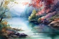 Watercolor autumn landscape with river and forest. Digital art painting. Royalty Free Stock Photo