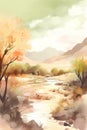 Watercolor autumn landscape with river and mountains. Hand drawn illustration. Royalty Free Stock Photo