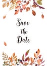Watercolor autumn leaves border. Wedding invitation template. Orange, red, brown leaves and foliage botanical frame. Fall card