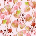 Watercolor autumn leaves, branches and berry seamless pattern.