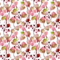 Watercolor autumn leaves, branches and berry seamless pattern.