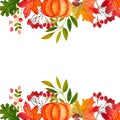 Watercolor autumn leaves, fruits and vegetables pumpkin, and berries border