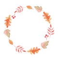 Watercolor autumn leaves round wreath isolated on white background Royalty Free Stock Photo