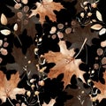Watercolor autumn leaves seamless pattern on black background. Orange, red, brown maple leaves, eucalyptus branches. Royalty Free Stock Photo