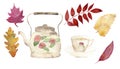 Watercolor autumn leaves and teapot with cup illustrations. Cliparts for decor, design, cards, prints.