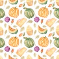 Watercolor autumn mood seamless pattern. Pumpkin spice cupcake, leaves, plum, pumpkin cheesecake. Fall essentials print