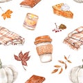 Watercolor autumn mood seamless pattern. Pumpkin spice latte, leaves, candles, blanket. Fall essentials print