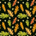 Watercolor autumn oak leaves seamless pattern on black Royalty Free Stock Photo