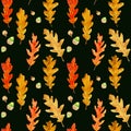 Watercolor autumn oak leaves seamless pattern on black Royalty Free Stock Photo