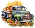 Watercolor autumn old pickup truck clipart pumpkins vintage farm fresh market harvest fall scenery farm life Thanksgiving