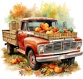 Watercolor autumn old pickup truck clipart pumpkins vintage farm fresh market harvest fall scenery farm life Thanksgiving