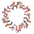 Watercolor autumn orange and grey frame wreath with flowers, leaves and branches.