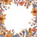 Watercolor autumn orange and grey sqaure frame with flowers, leaves and branches. Halloween.