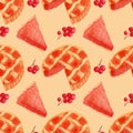 Watercolor autumn pattern, colorful pie and a slice of pumpkin pie, bright red berries on a light background.