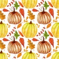 Watercolor autumn pattern, colorful pumpkins and leaves on white background. Thanksgiving, harvest etc.