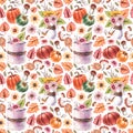 Watercolor autumn pattern with flowers, pumpkins, desserts on a white background Royalty Free Stock Photo