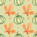 Watercolor autumn pattern, green pumpkin and chestnut leaf on a light background. Thanksgiving, fall holidays, etc. Royalty Free Stock Photo