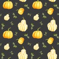 Watercolor autumn pumpkin seamless pattern on a dark background. Orange round gourd with leaves and warty pear gourd