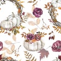 Watercolor autumn pumpkin seamless pattern. Fall print with pumpkins, flowers and leaves on white background