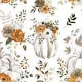 Watercolor autumn pumpkin seamless pattern. Fall rpint with white pumpkins, orange and brown flowers, dry leaves