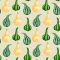 Watercolor autumn pumpkin seamless pattern . Green and yellow pear-shaped gourd. Design for menus and prints.