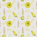 Watercolor autumn pumpkin seamless pattern on on light background. Orange striped pumpkin, round gourd with leaves