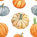 Watercolor autumn pumpkins seamless pattern. Fall harvest botanical print. Thanksgiving day wallpapers. Hand drawn illustration Royalty Free Stock Photo