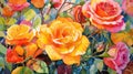 Watercolor autumn roses. Pink, orange, yellow flowers. Trendy floral AI illustration for design, print, fabric or Royalty Free Stock Photo