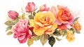 Watercolor autumn roses. Pink, orange, yellow flowers. Trendy floral AI illustration for design, print, fabric or Royalty Free Stock Photo