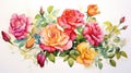 Watercolor autumn roses. Pink, orange, yellow flowers. Trendy floral AI illustration for design, print, fabric or Royalty Free Stock Photo