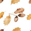 Watercolor autumn seamless background of oak branches with leaves and acorns. Royalty Free Stock Photo
