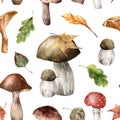 Watercolor autumn seamless pattern with amanita muscaria, chanterelle and boletus and leaves. Hand painted mushrooms