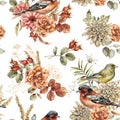 Watercolor autumn seamless pattern of aster, dahlia, rose and birds. Hand painted flowers, chaffinch and greenfinch Royalty Free Stock Photo