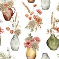 Watercolor autumn seamless pattern with bouquets of flowers in vases. Hand painted aster, dahlia and physalis isolated