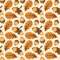 Watercolor Autumn Seamless Pattern With Brown Oak Leaves And Acorns. Hand Drawn Fall Season Nature Background For Design