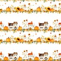 Watercolor autumn seamless pattern. Cute fall background with pumpkins, leafs, houses, sunflowers. Background for print Royalty Free Stock Photo