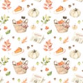 Watercolor Autumn seamless pattern. Fall leaves, acorns, basket with pumpkins, orange pie, magazine. Forest background. Hello Royalty Free Stock Photo