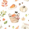 Watercolor Autumn seamless pattern. Fall leaves, acorns, basket with pumpkins, orange pie, magazine. Forest background. Hello