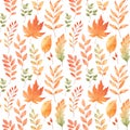 Watercolor autumn seamless pattern. Fall leaves, acorns, berries, spruce branch. Forest design elements. Hello Autumn! Perfect for