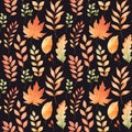 Watercolor autumn seamless pattern. Fall leaves, acorns, berries, spruce branch. Forest design elements. Hello Autumn! Perfect for