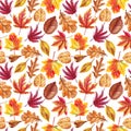 Watercolor autumn seamless pattern with fallen leaves isolated on white background.