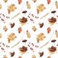 Watercolor autumn seamless pattern hand painted leaves thanksgiving holiday