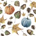 Watercolor autumn seamless pattern. Hand painted pine cone, acorn, berry, yellow and green fall leaves and pumpkin ornament