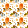 Watercolor autumn seamless pattern with handdrawn orange flowers, fall leaves, pumpkins, butterflies for autumn decoration